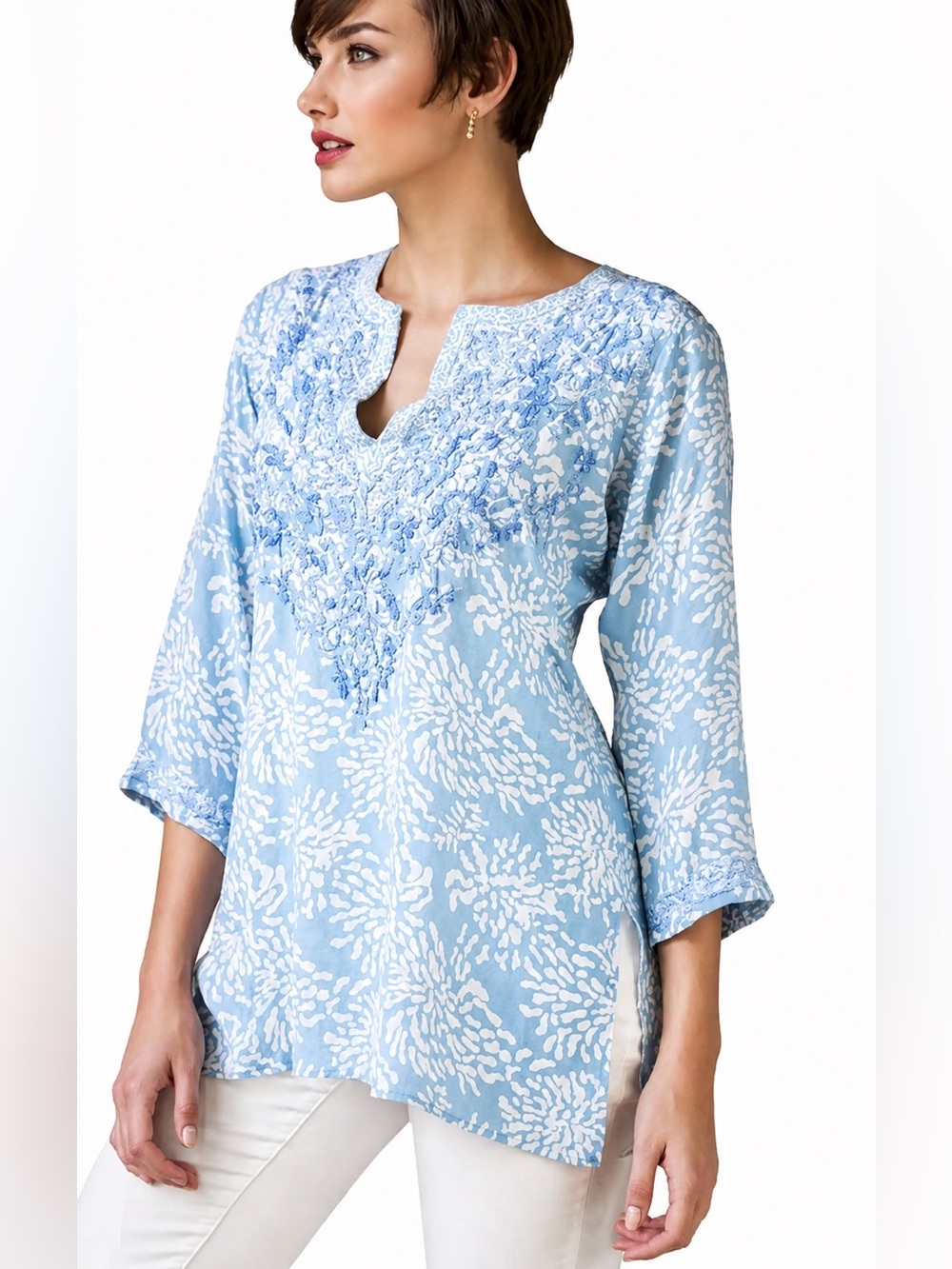 Amaya Textiles Astrid Blue 100% Silk Embroidered Tunic Top V-Neck 3/4 Sleeve M